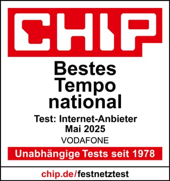 Sieger in der Kategorie 'Preis-Leistung national' im CHIP-Test 'Internet-Anbieter' (Ausgabe 07/2025). 4 Anbieter im Vergleich. Berechnung und Auswertung auf Basis von eigenen Messungen von CHIP sowie auf Basis von im Zeitraum April 2024 bis April 2025 durch Internet-Nutzer vorgenommene Speedtests der Up- und Downloads über speedtest.chip.de unter Auswahl von Tarifen der Vodafone-Gesellschaften unter Angabe der Download-Geschwindigkeit.